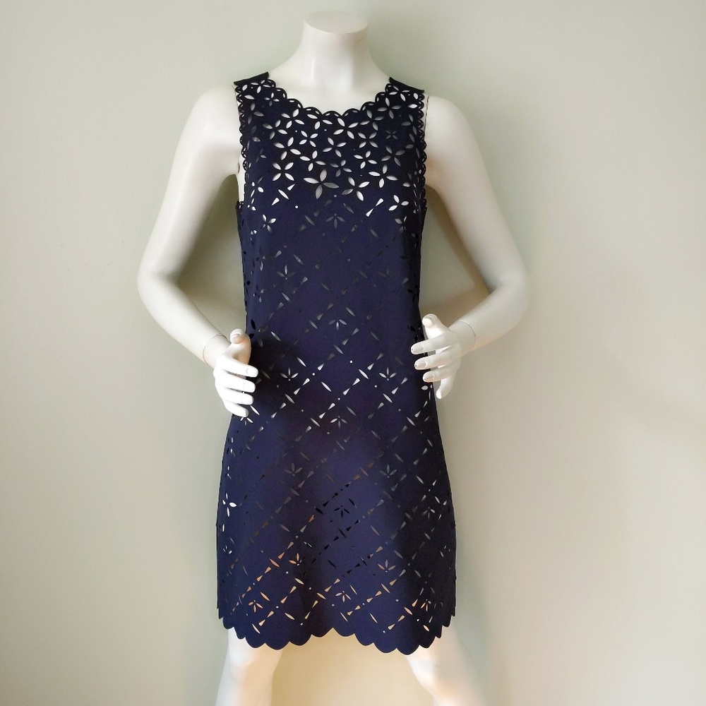 Navy Blue Laser Cutout Floral Midi Dress S M